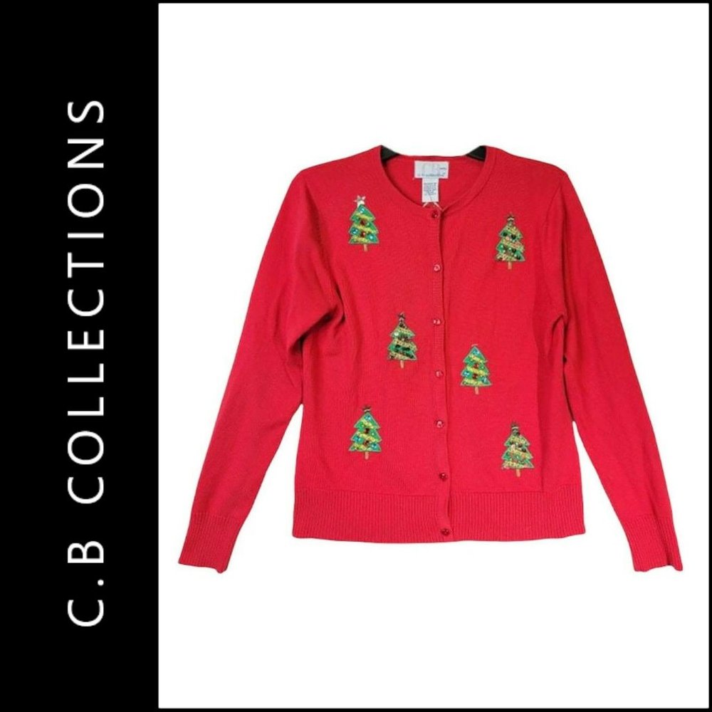 C.B Collections Woman Christmas Knitted Button Front Cardigan Size MP Red